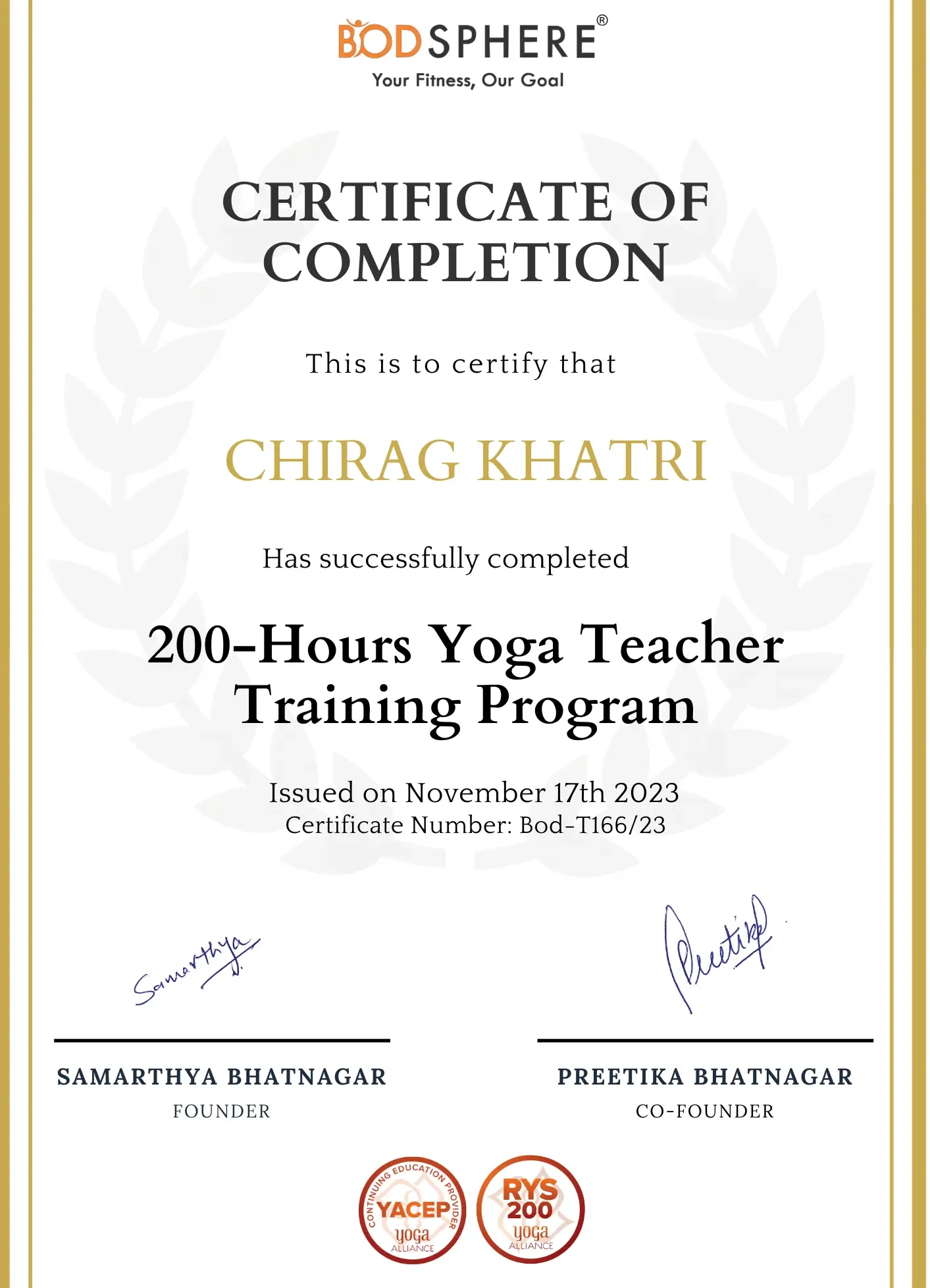 Yoga Teacher Training Course certificate of Chirag