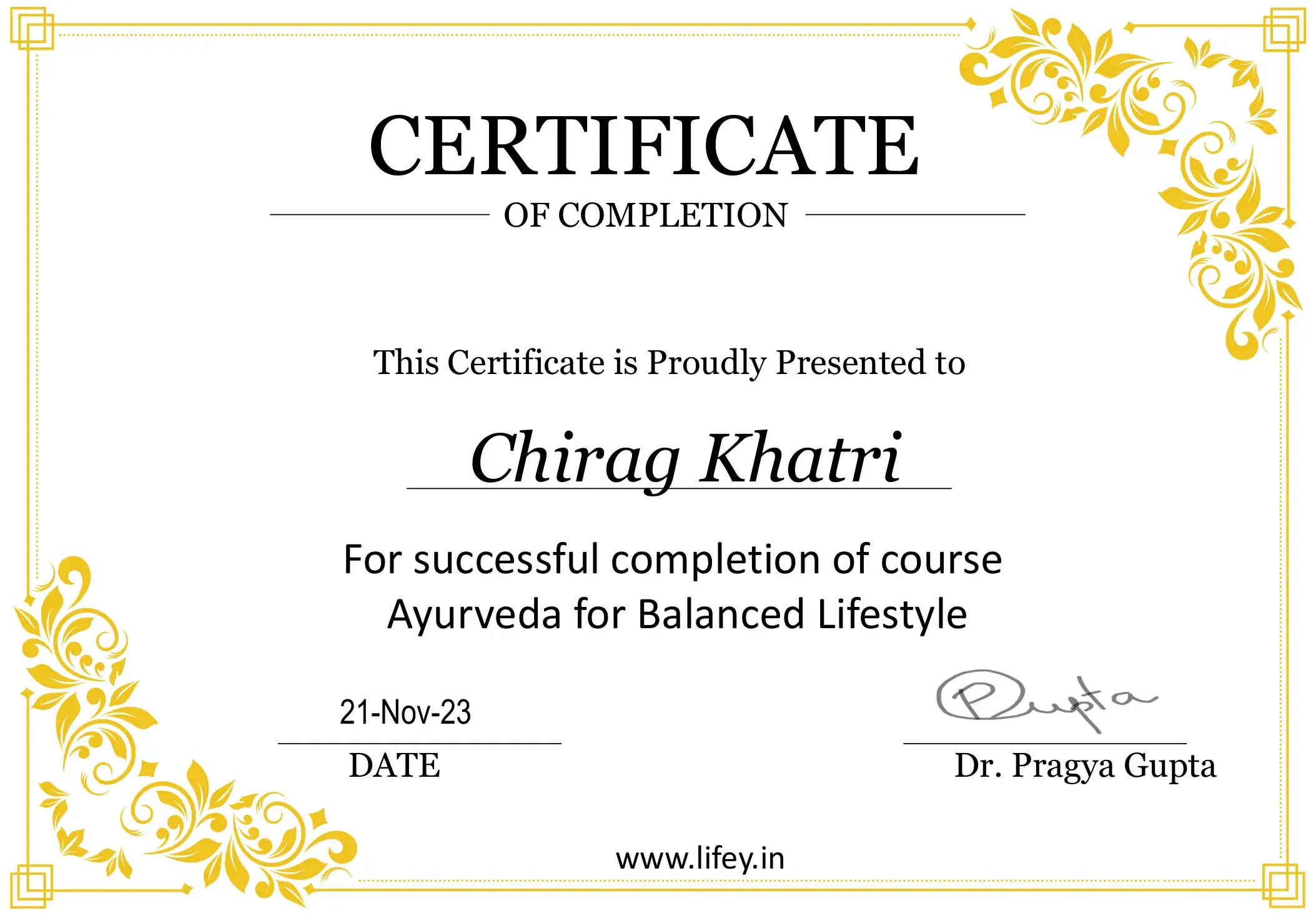 Ayurveda Certificate of Chirag Khatri