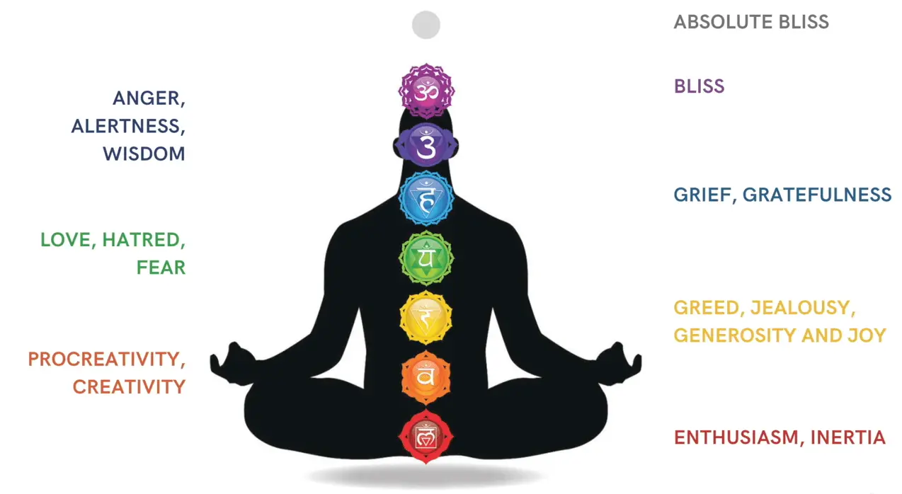 Human figure in lotus posture showing the seven chakras: Root, Sacral, Solar Plexus, Heart, Throat, Third Eye, and Crown – each with its associated color and symbol.